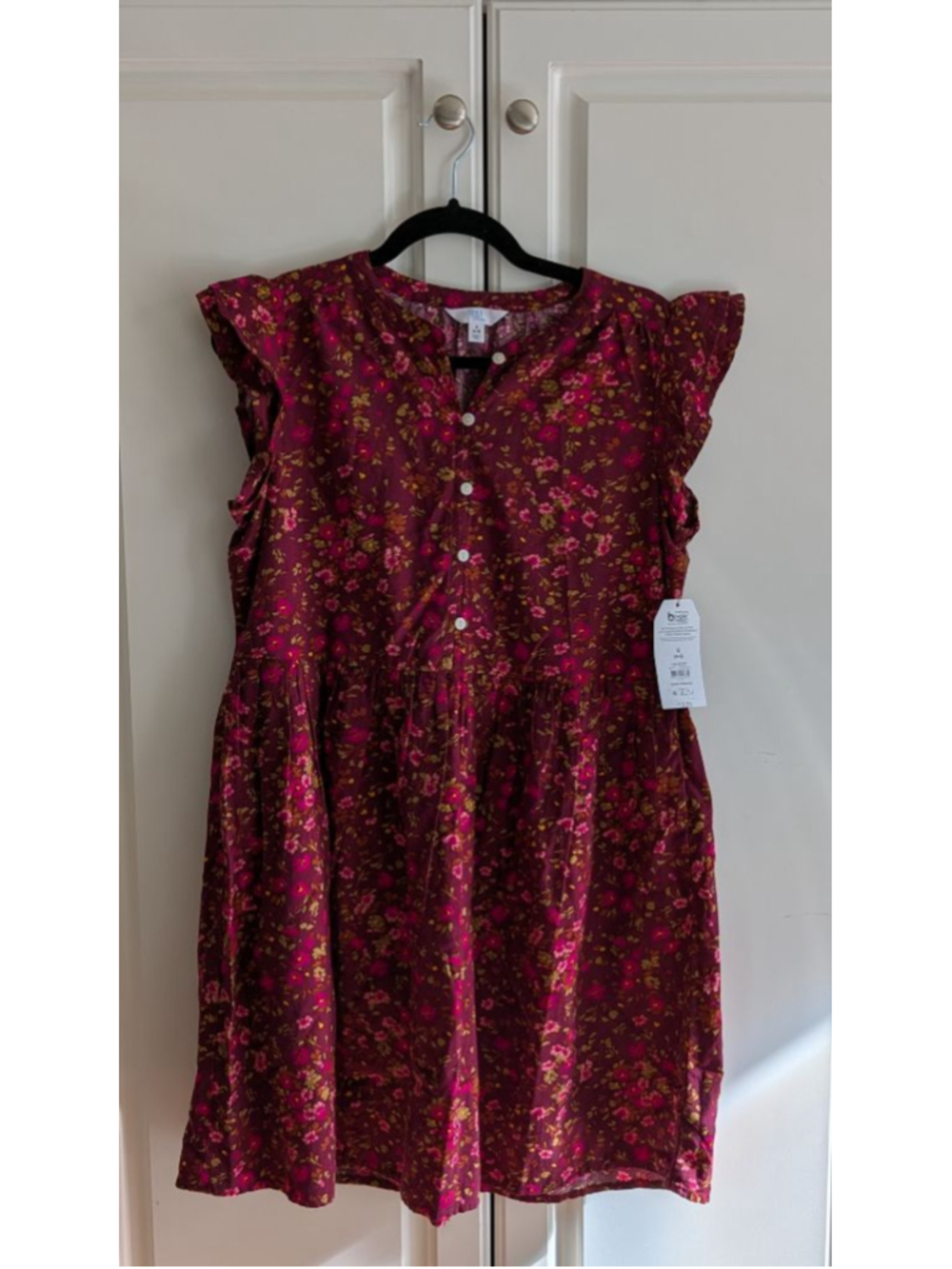 Women's Time and Tru Burgundy Floral Ruffle Sleeve Dress S